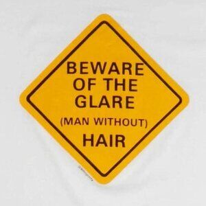Vtg 90s L Novelty Gag Gift T-Shirt Beware of Glare Man w/o Hair Bald Aging B-Day